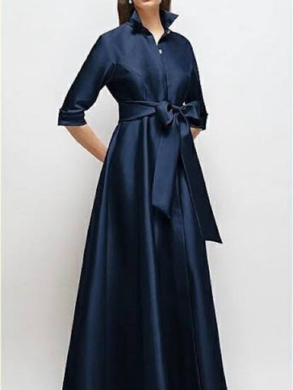 ALFRED SUNG Navy Satin Maxi Shirt Dress with Waist Tie